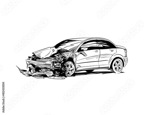 Car crash hand drawn illustration. Auto accident sketch, vector design
