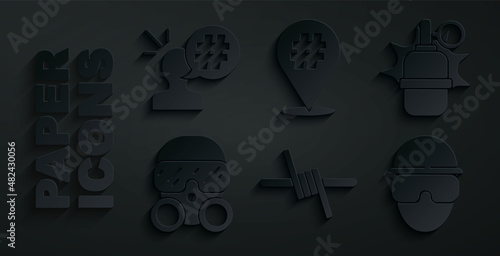 Set Barbed wire, Hand grenade, Gas mask, Special forces soldier, Protest and icon. Vector
