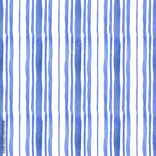 Seamless abstract stripes pattern. Watercolor background with blue vertical stripe for textile, wallpaper, wrapping paper, home decor