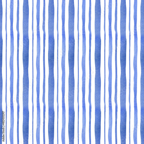 Seamless abstract stripes pattern. Watercolor background with blue vertical stripe for textile, wallpaper, wrapping paper, kitchen decor