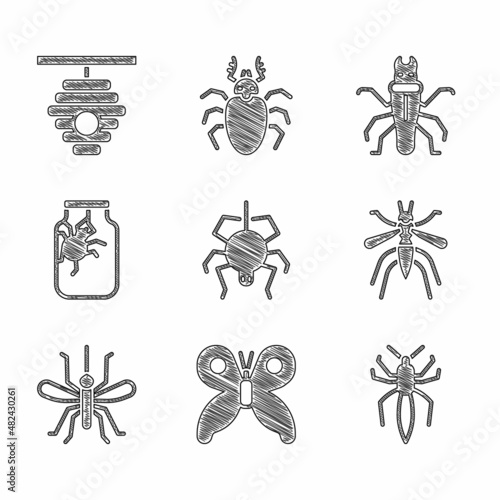Set Spider, Butterfly, Mosquito, in jar, Termite and Hive for bees icon. Vector © Kostiantyn