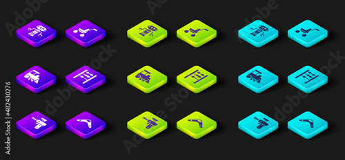 Set Ray gun, Boomerang, Toy train, Abacus, Baby stroller and Robot toy icon. Vector