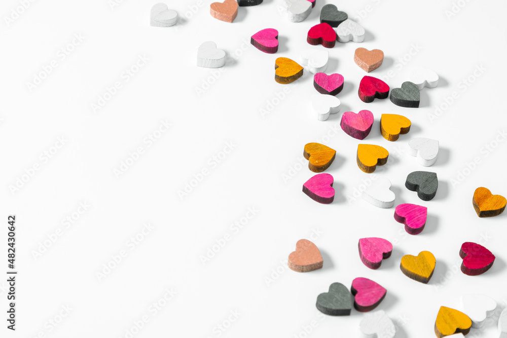 Valentine's Day background. Hearts on white background. Valentine day concept. Flat lay, top view, copy space