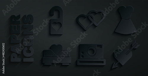 Set Photo camera, Woman dress, Bedroom, Amour with heart and arrow, Two Linked Hearts and Please do not disturb icon. Vector