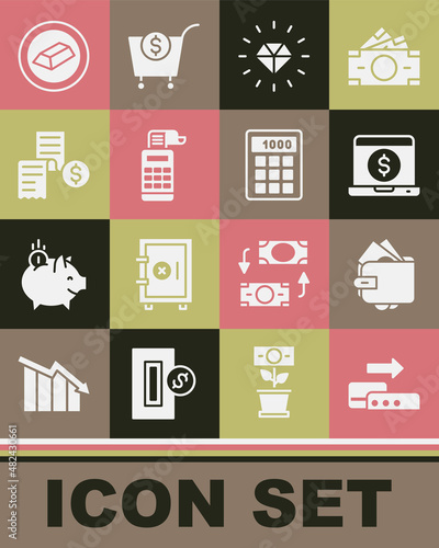Set Pos terminal, Wallet with money, Laptop dollar, Diamond, Cash register machine, Paper or financial check, Gold bars and Calculator icon. Vector