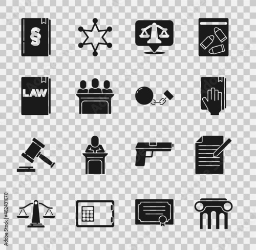 Set Law pillar, Document and pen, Oath on the Holy Bible, Scales of justice, Jurors, book, and Ball chain icon. Vector