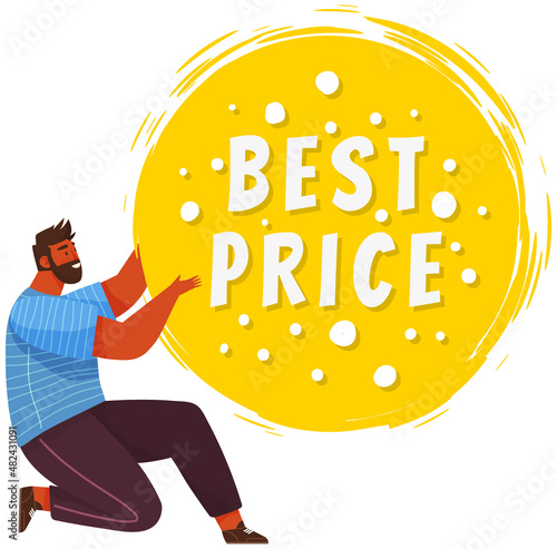 Buy now sale banner. Sale and discounts. Reduction offer vector poster with happy man. New arrival, sale and special offer. Black friday. Big discount with boy pointing hand super price proposition