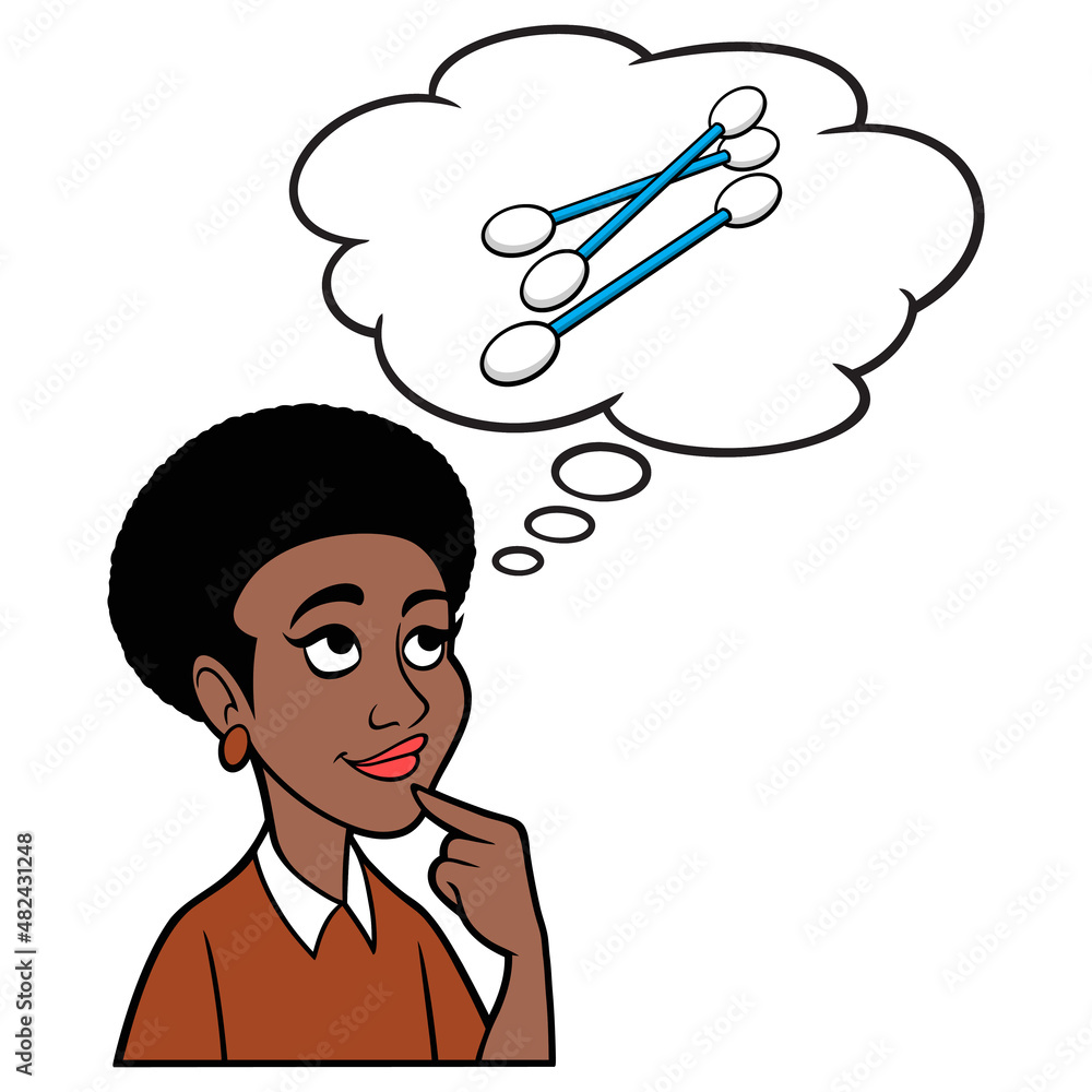 Black Woman thinking about Cotton Swabs - A cartoon illustration of a Black Woman thinking about Cotton Swabs. Black Woman thinking about Cotton Swabs - A cartoon illustration of a Black Woman thinking about Cotton Swabs.