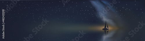 Ocean and yacht at night illustration or header for web page, blog