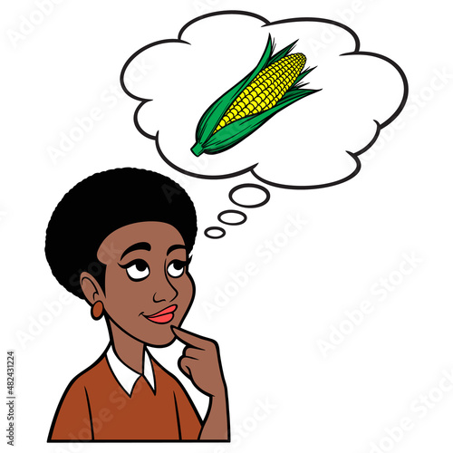 Black Woman thinking about Corn on the Cob - A cartoon illustration of a Black Woman thinking about Corn on the Cob.