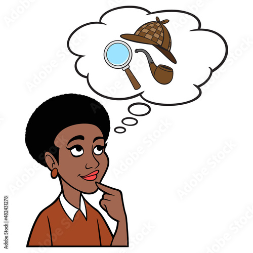 Black Woman thinking about Detective Work - A cartoon illustration of a Black Woman thinking about doing some Detective Work.