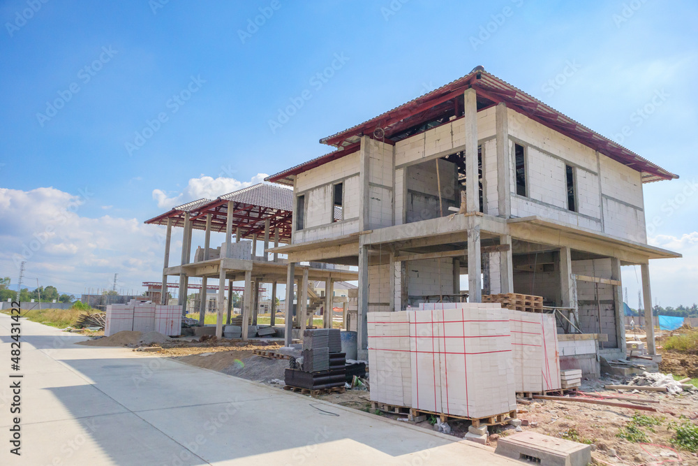 construction residential new house in progress at building site housing estate development construction residential new house in progress at building site housing estate development