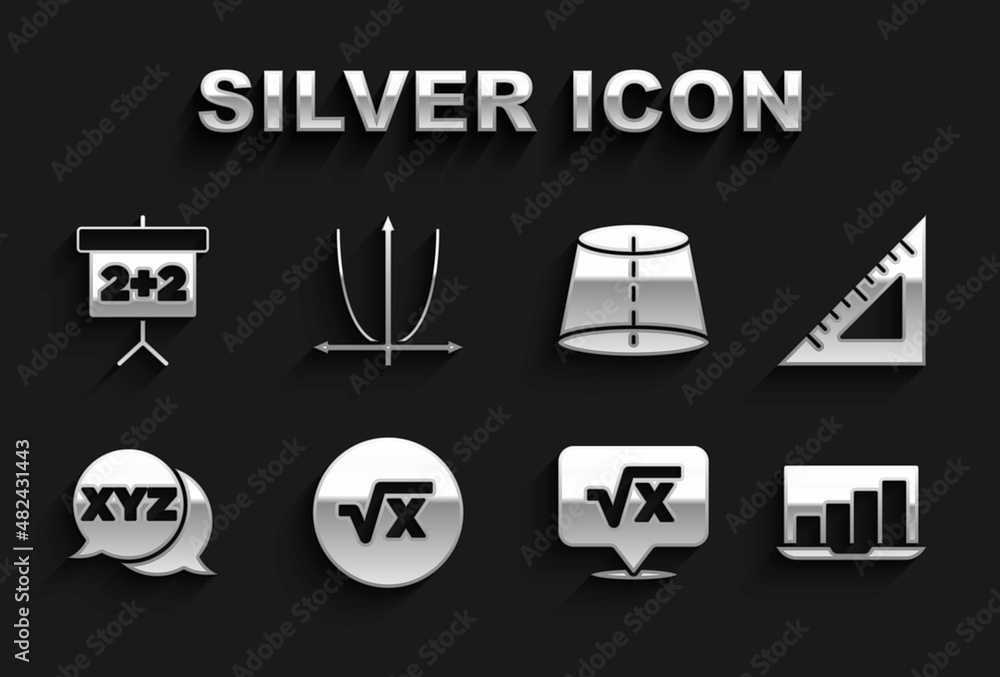 Set Square root of x glyph, Triangular ruler, Laptop with graph chart, XYZ Coordinate system, Geometric figure, Chalkboard and Graph, schedule, diagram icon. Vector Set Square root of x glyph, Triangular ruler, Laptop with graph chart, XYZ Coordinate system, Geometric figure, Chalkboard and Graph, schedule, diagram icon. Vector