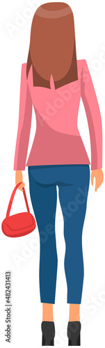 Backview of woman holding small bag. Stylish girl in elegant jeans and blouse standing with handbag. Female character in fashionable apparel. Lady in heels and casual clothing with her back to viewer