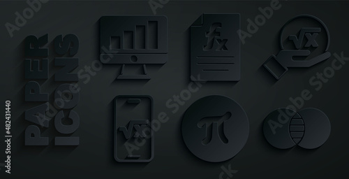 Set Pi symbol, Square root of x glyph, Mathematics sets A and B, Function mathematical and Computer monitor with graph chart icon. Vector