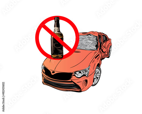 Drunk driving car crash accident. Warning sign.Alcohol bottle.  Hand drawn vector illustration