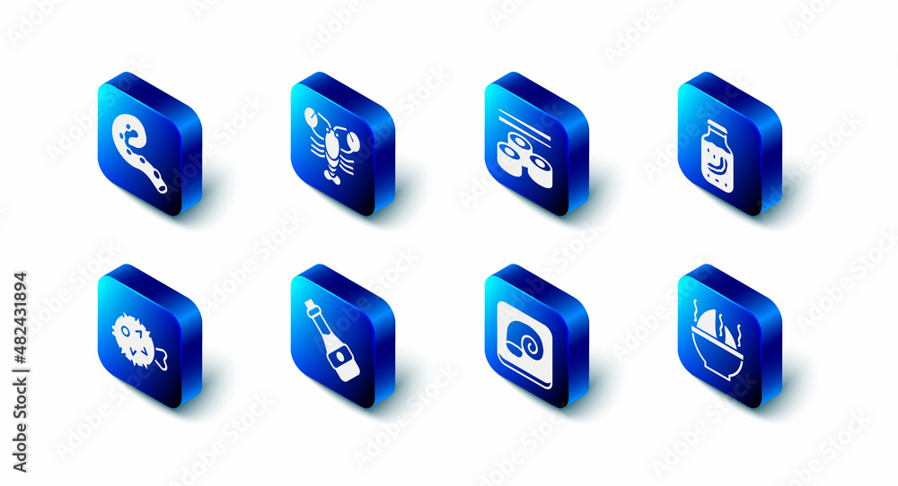 Set Lobster, Sushi, Sea cucumber in jar, Shark fin soup, Octopus on plate, Soy sauce bottle, Fish hedgehog and of tentacle icon. Vector Set Lobster, Sushi, Sea cucumber in jar, Shark fin soup, Octopus on plate, Soy sauce bottle, Fish hedgehog and of tentacle icon. Vector
