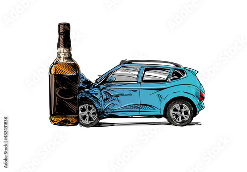 Drunk driving car crash accident. Warning sign.Alcohol bottle.  Hand drawn vector illustration