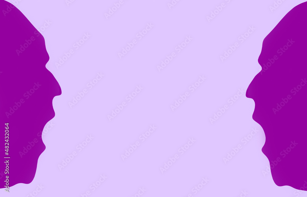 Two colored painted male profiles. The Profiles Are Stylized. Two stylized men are talking, arguing. silhouette of two male heads. The concept of communication, discussion. Abstract background Two colored painted male profiles. The Profiles Are Stylized. Two stylized men are talking, arguing. silhouette of two male heads. The concept of communication, discussion. Abstract background