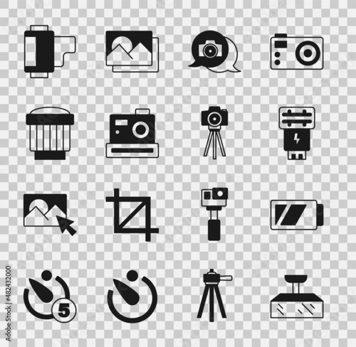 Set Softbox light, Battery for camera, Photo flash, Camera photo lens, roll cartridge and icon. Vector