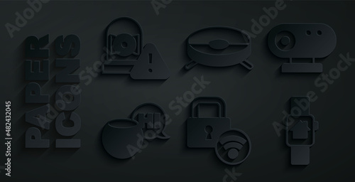 Set Digital door lock, Web camera, Voice assistant, Smart home with smart watch, Robot vacuum cleaner and Ringing alarm bell icon. Vector
