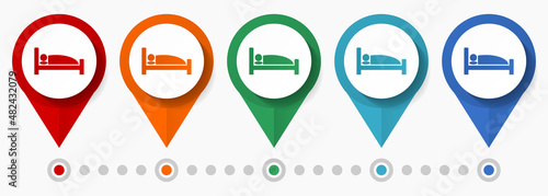 Sleep, bed, hotel concept vector icon set, flat design pointers, infographic template