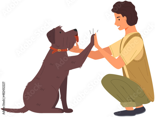 Dog and man give high five. Dog and male character friends isolated on white background. Owner and his pet are playing, giving five. Happy person and pet during greeting vector illustration