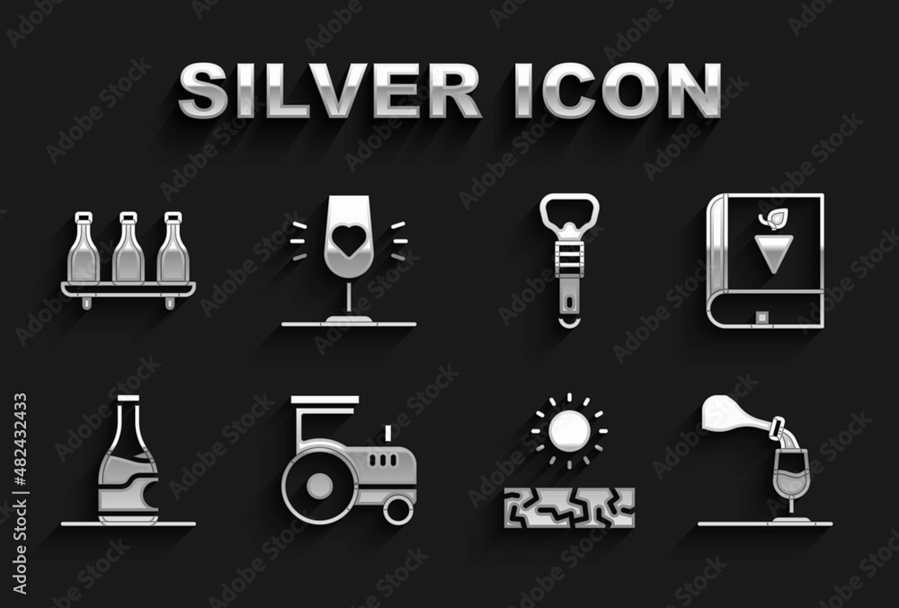 Set Tractor, Book about grapes, Wine tasting, degustation, Drought, Bottle of wine, opener, and glass icon. Vector Set Tractor, Book about grapes, Wine tasting, degustation, Drought, Bottle of wine, opener, and glass icon. Vector