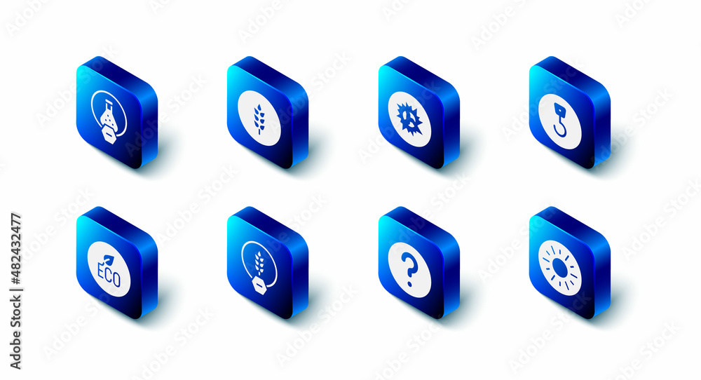 Set Wheat, Bomb explosion, Industrial hook, Sun, Unknown search, Gluten free grain, Leaf Eco symbol and Test tube and flask icon. Vector Set Wheat, Bomb explosion, Industrial hook, Sun, Unknown search, Gluten free grain, Leaf Eco symbol and Test tube and flask icon. Vector