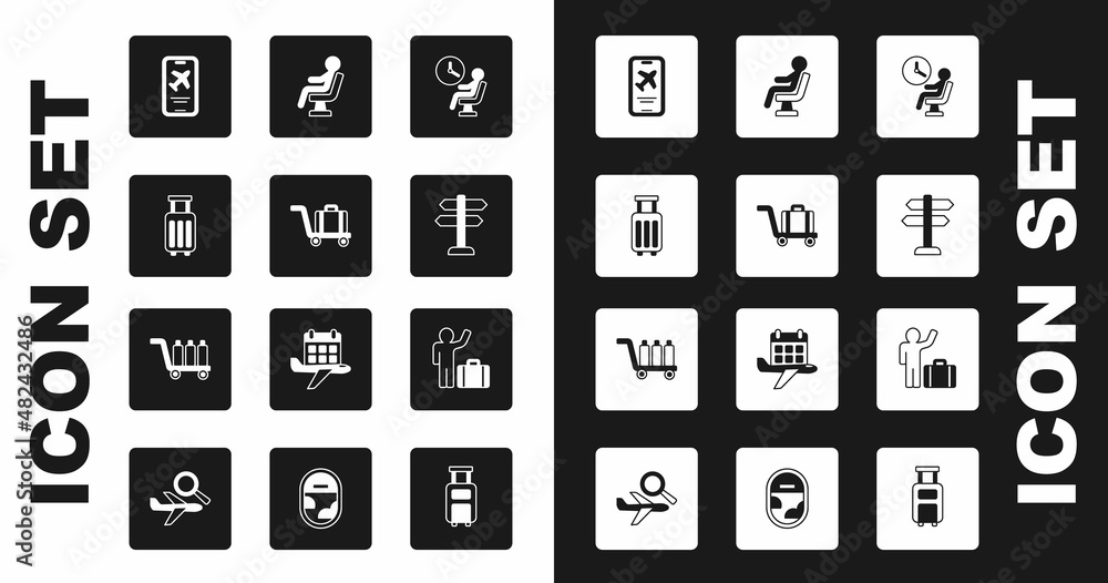 Set Human waiting in airport terminal, Trolley baggage, Suitcase, Mobile with ticket, Road traffic sign, Tourist suitcase and icon. Vector Set Human waiting in airport terminal, Trolley baggage, Suitcase, Mobile with ticket, Road traffic sign, Tourist suitcase and icon. Vector