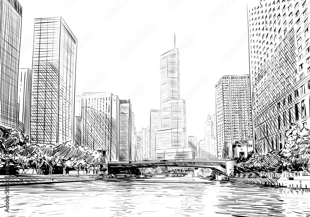 Obraz premium Chicago city hand drawn. Street sketch, vector illustration