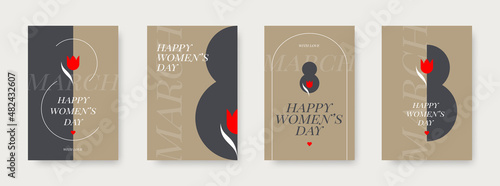 Set of Happy women's day greeting card. March 8 Holiday poster with type design and tulip flower. Design for greeting card, cover, invitation, flyer and etc. International women's day vector illustrat