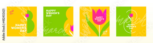 Set of Happy women's day greeting card. March 8 Holiday poster with type design and tulip flower. Design for greeting card, cover, invitation, flyer and etc. International women's day vector illustrat