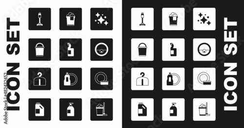 Set Home cleaning service, Dishwashing liquid bottle, Bucket, Vacuum cleaner, Robot vacuum, with foam, Washing dishes and Hanger wardrobe icon. Vector