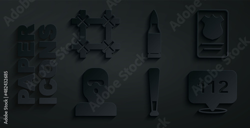 Set Baseball bat, Police badge with id case, Thief mask, Telephone call 112, Bullet and Prison window icon. Vector