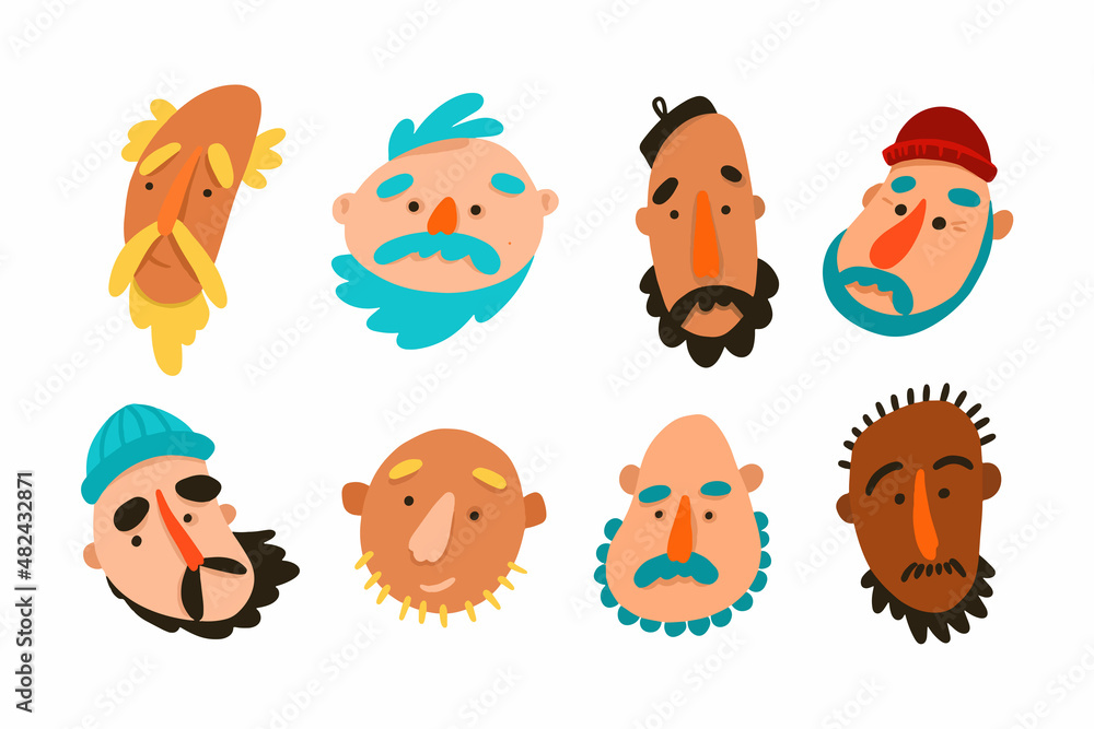 Set of male faces of different nationalities in cartoon style Set of male faces of different nationalities in cartoon style