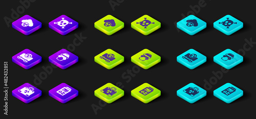 Set Radiation nuclear suitcase, Dosimeter, Radioactive cargo train, Nuclear reactor worker, Bones and skull warning and Acid radioactive cloud icon. Vector