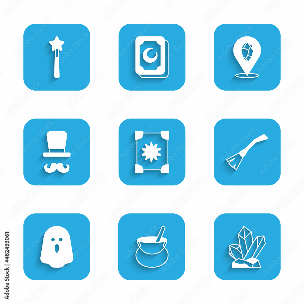 Set Ancient magic book, Witch cauldron, Magic stone, Witches broom, Ghost, Magician, and wand icon. Vector Set Ancient magic book, Witch cauldron, Magic stone, Witches broom, Ghost, Magician, and wand icon. Vector