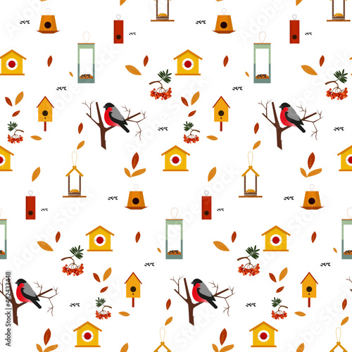 Pattern with birds, feeders and birdhouses