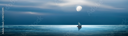 Horizontal vector background with sailing boat at night in the ocean and moon