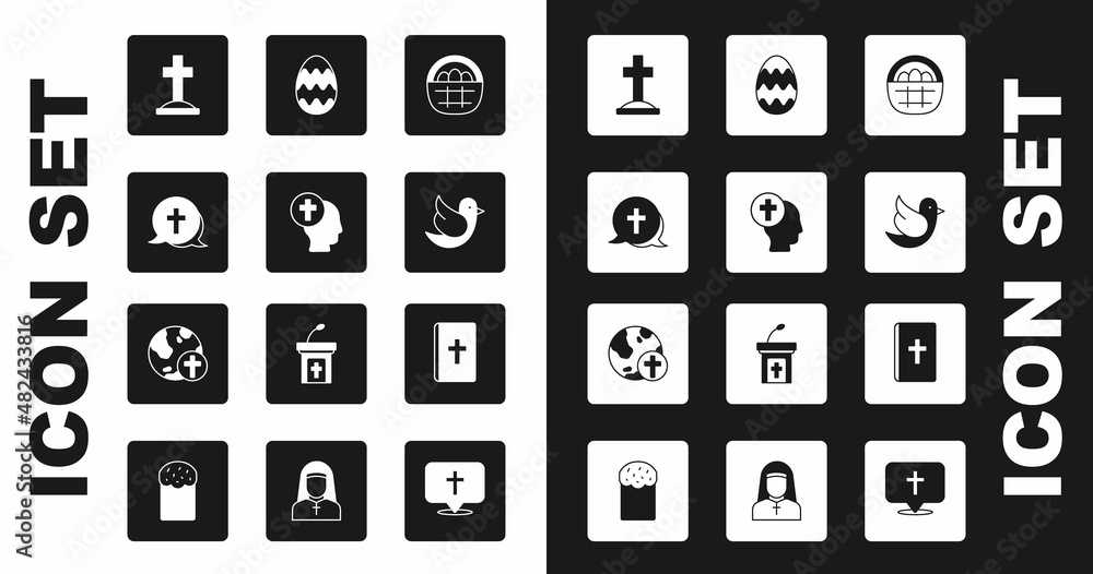 Set Basket with easter eggs, Priest, Christian cross, Grave, Dove, Easter, Holy bible book and globe icon. Vector Set Basket with easter eggs, Priest, Christian cross, Grave, Dove, Easter, Holy bible book and globe icon. Vector