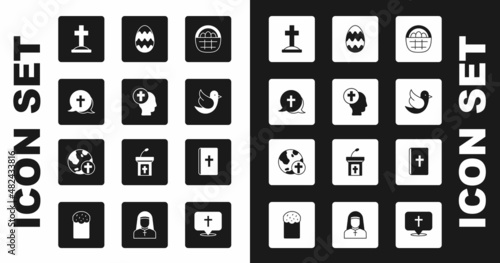 Set Basket with easter eggs, Priest, Christian cross, Grave, Dove, Easter, Holy bible book and globe icon. Vector