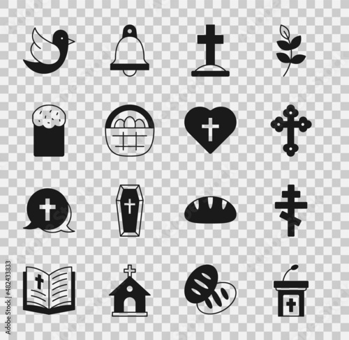 Set Church sermon tribune, Christian cross, Grave with, Basket easter eggs, Easter cake, Dove and in heart icon. Vector