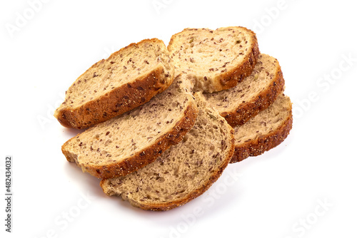 Whole grain bread slices isolated on white background.
