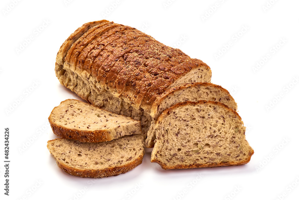Whole grain bread, isolated on white background.