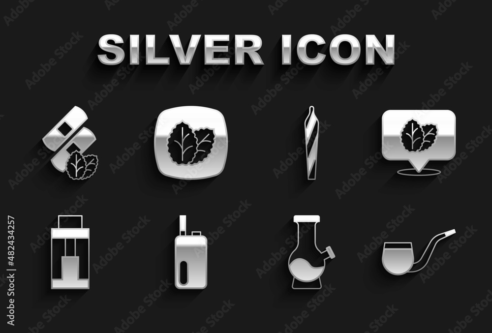 Set Electronic cigarette, Tobacco leaf, No pipe smoking, Bong, Vape mod device, Marijuana joint, spliff, Medical nicotine patches and icon. Vector Set Electronic cigarette, Tobacco leaf, No pipe smoking, Bong, Vape mod device, Marijuana joint, spliff, Medical nicotine patches and icon. Vector