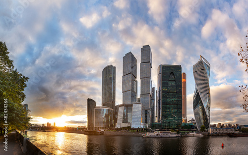 Moscow Сity, business center river bank autumn landscape panorama at sunset