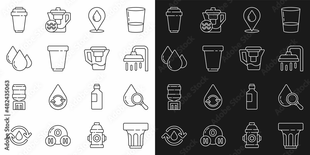 Set line Glass with water, Drop and magnifying glass, Shower head, Water drop location, filter cartridge, and jug icon. Vector