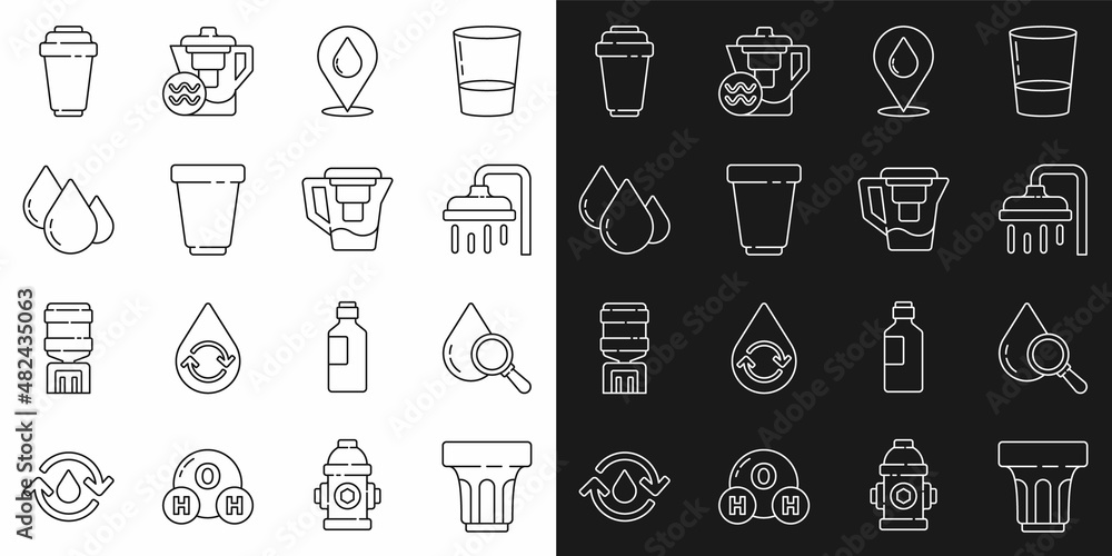 Set line Glass with water, Drop and magnifying glass, Shower head, Water drop location, filter cartridge, and jug icon. Vector Set line Glass with water, Drop and magnifying glass, Shower head, Water drop location, filter cartridge, and jug icon. Vector