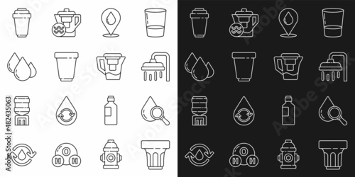 Set line Glass with water, Drop and magnifying glass, Shower head, Water drop location, filter cartridge, and jug icon. Vector